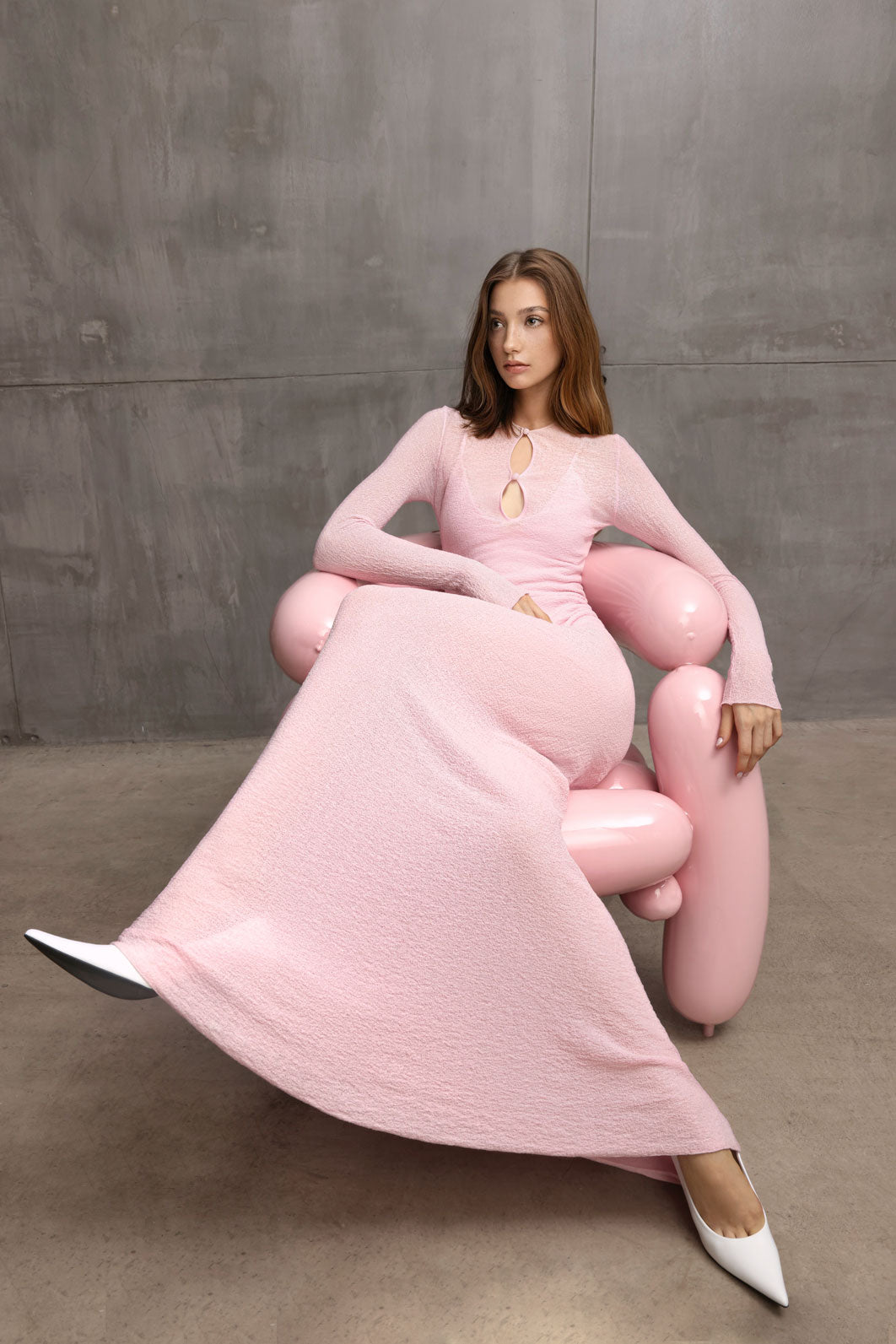 Model wears the Rosebery Keyhole Cut-Out Detail Long Sleeve Dress