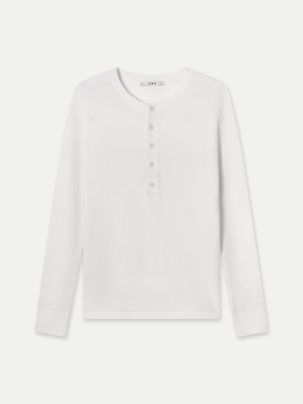 Front view of the ivory AK06 Windsor Henley featuring a textured waffle-knit and classic button placket.