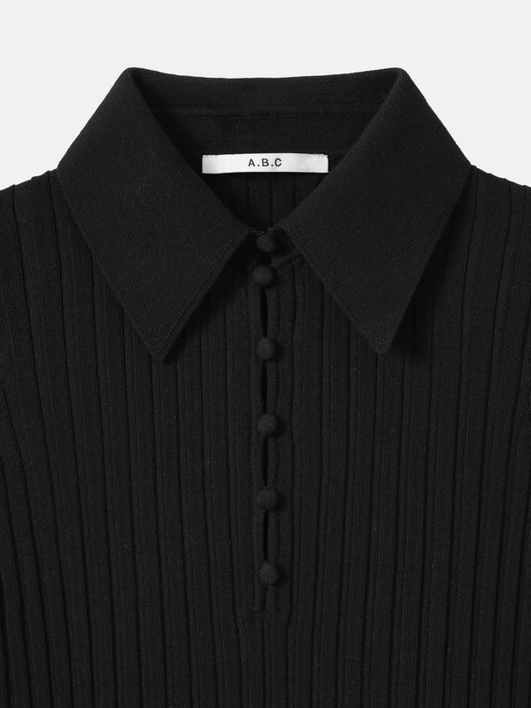 NEWPORT WIDE RIB SHORT SLEEVES COLLAR BUTTON UP KNIT TOP