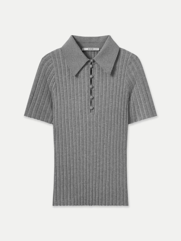 NEWPORT WIDE RIB SHORT SLEEVES COLLAR BUTTON UP KNIT TOP
