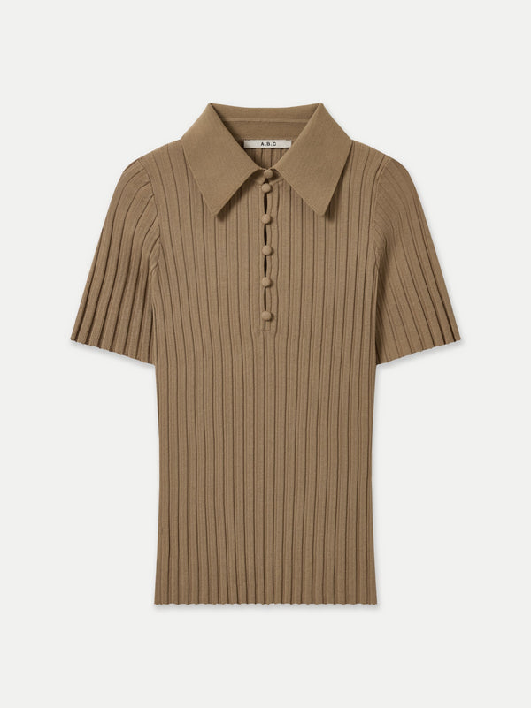 NEWPORT WIDE RIB SHORT SLEEVES COLLAR BUTTON UP KNIT TOP