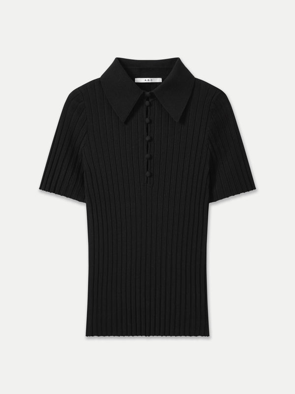NEWPORT WIDE RIB SHORT SLEEVES COLLAR BUTTON UP KNIT TOP