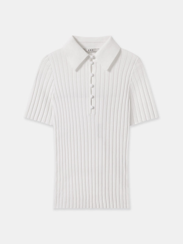 NEWPORT WIDE RIB SHORT SLEEVES COLLAR BUTTON UP KNIT TOP