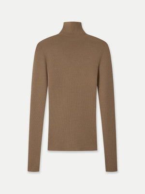 Mona Full Needle Rib Merino Wool Turtle Neck Top in mocha front flat view A.B.C A BRAND COLLECTIVE finely ribbed texture