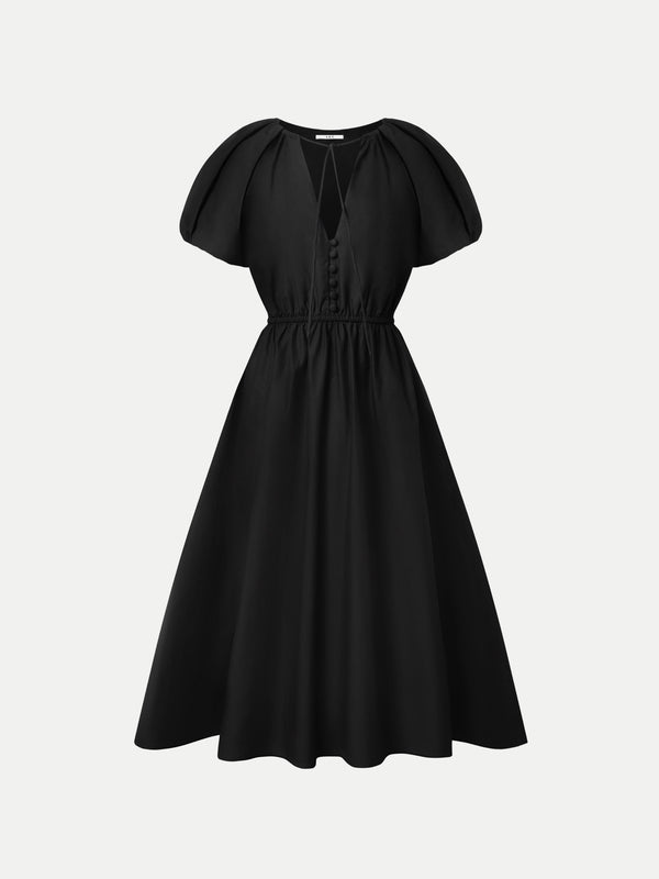 MOREE PUFF SLEEVES GARTHERED WAIST COTTON POPLIN DRESS