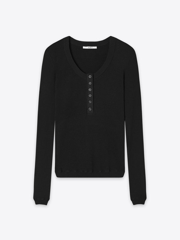 A.B.C A BRAND COLLECTIVE Windsor Scooped Top black waffle knit showing the elegant neckline and slim fit Signature Cotton Blend