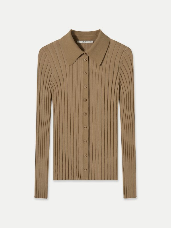 A Brand Collective Newport Button Up Long Sleeve Knit Shirt in beige made of 100% Good Earth Cotton.