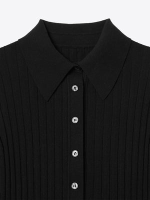 Close-up neck detail of Newport Button Up Long Sleeve Knit Shirt in black made of 100% Good Earth Cotton.