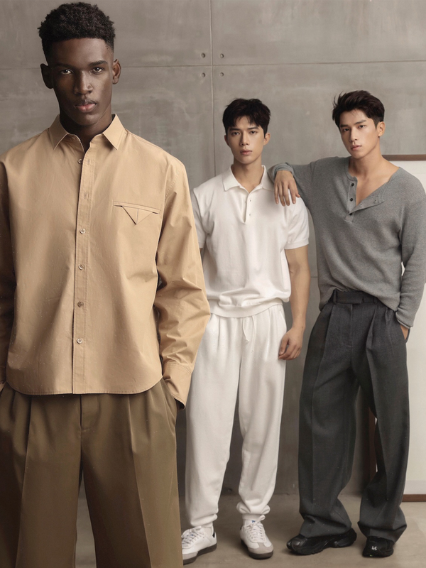 Group of models showcasing A.B.C A BRAND COLLECTIVE menswear collection including the Kyneton knit polo