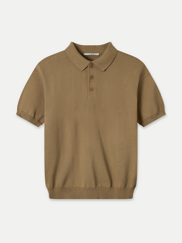 Kyneton Men Regular Fit Knit Polo in tan front flat view A.B.C A BRAND COLLECTIVE durable knit construction