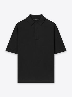 Kyneton Relaxed Fit Knit Polo in black front flat view A.B.C A BRAND COLLECTIVE 100% Good Earth Cotton