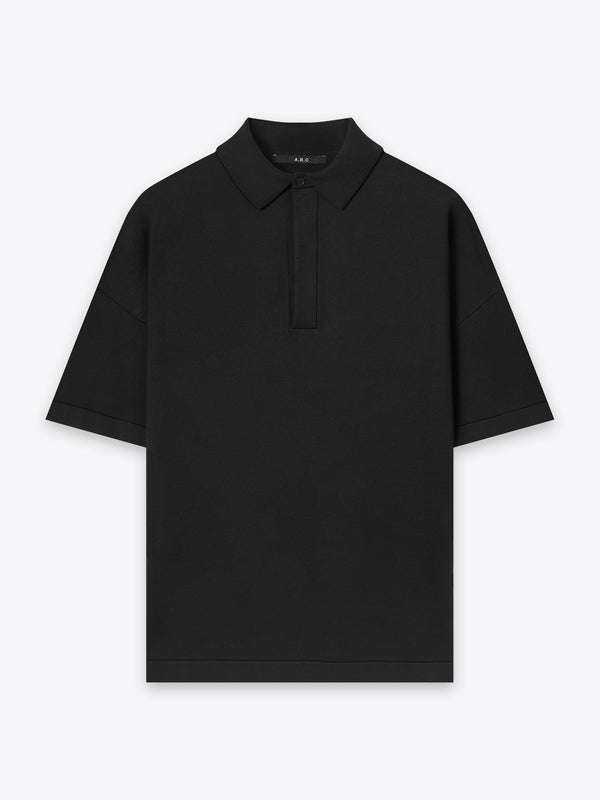 Kyneton Relaxed Fit Knit Polo in black front flat view A.B.C A BRAND COLLECTIVE 100% Good Earth Cotton