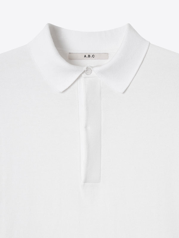 Detailed view of the white Kyneton Relaxed Fit Knit Polo collar A.B.C A BRAND COLLECTIVE 100% Good Earth Cotton