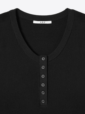 A.B.C A BRAND COLLECTIVE Ribbed Henley Top close up of charcoal knit showing the refined 6 button neckline Signature Cotton Blend