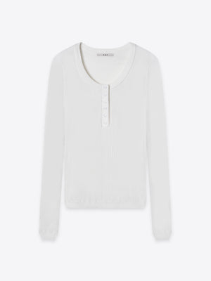 A.B.C A BRAND COLLECTIVE Windsor Scooped Top front view of ivory long sleeve with waffle texture and 6 button placket Signature Cotton Blend