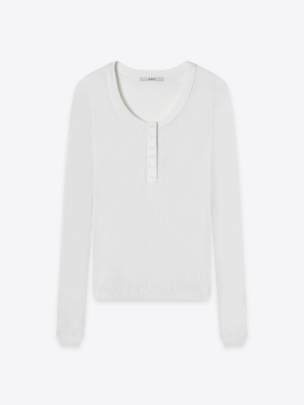 A.B.C A BRAND COLLECTIVE Windsor Scooped Top front view of ivory long sleeve with waffle texture and 6 button placket Signature Cotton Blend
