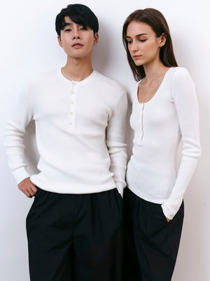 A.B.C A BRAND COLLECTIVE Windsor Scooped Top models showcasing versatile unisex fit and elegant ivory ribbed drape Signature Cotton Blend