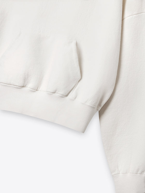 A.B.C A BRAND COLLECTIVE Kyneton Hoodie close up of the soft ivory fleece texture and premium ribbed waistband detail 100% Cotton