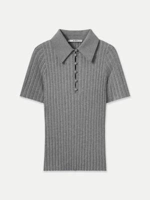 Grey Newport Wide Rib Knit Top from A.B.C A BRAND COLLECTIVE featuring a structured collar and button-up front.