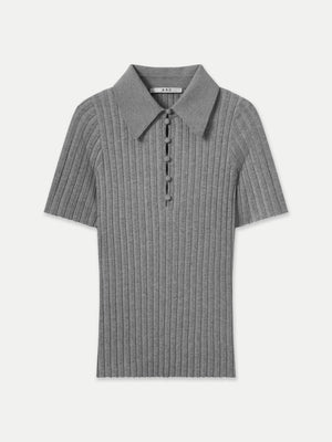Grey Newport Wide Rib Knit Top from A.B.C A BRAND COLLECTIVE featuring a structured collar and button-up front.