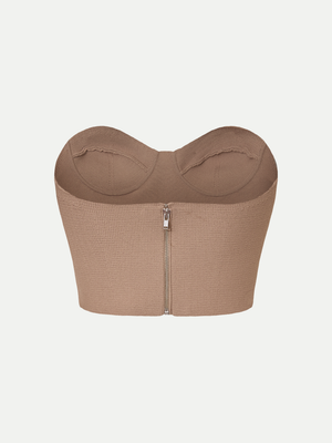 Back view of the mocha A.B.C A BRAND COLLECTIVE bustier featuring the premium hardware detail.