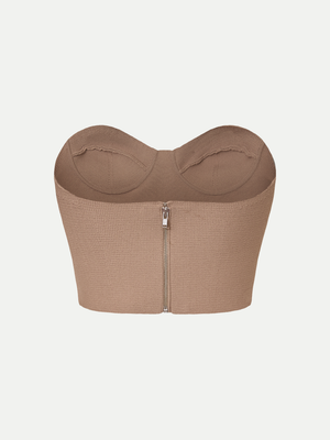 Back view of the mocha A.B.C A BRAND COLLECTIVE bustier featuring the premium hardware detail.