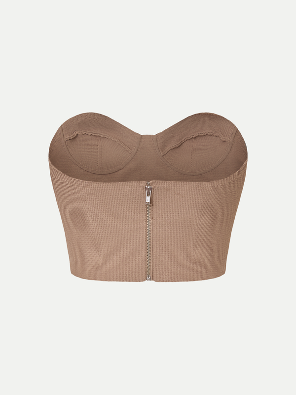 Back view of the mocha A.B.C A BRAND COLLECTIVE bustier featuring the premium hardware detail.