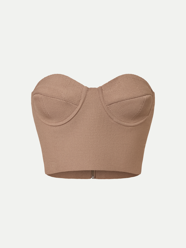 Front view of the mocha Fawkner Milano Knit Bustier from A.B.C A BRAND COLLECTIVE in a warm earth tone.
