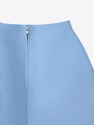 Detailed view of the structured waist and zipper on the blue A.B.C A BRAND COLLECTIVE skirt.