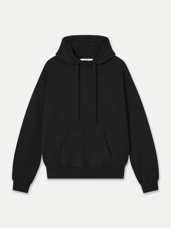 A.B.C A BRAND COLLECTIVE Kyneton Hoodie classic black knit version featuring tonal drawstrings and a relaxed shape 100% Good Earth Cotton