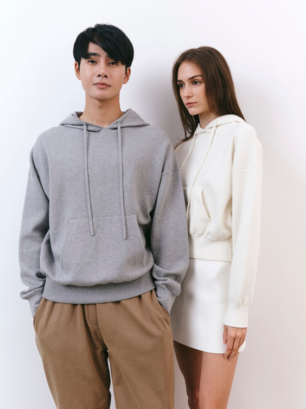 A.B.C A BRAND COLLECTIVE Kyneton Hoodie couple wearing grey and ivory styles to show a versatile unisex fit 100% Good Earth Cotton