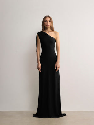 A.B.C A BRAND COLLECTIVE Black Rosebery Dress: a sophisticated one-shoulder look offering fashion-forward, functional wear.