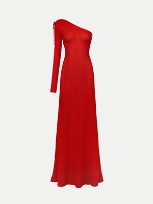 A.B.C A BRAND COLLECTIVE Red Rosebery Dress: an asymmetrical one-shoulder gown with a versatile, removable long sleeve.