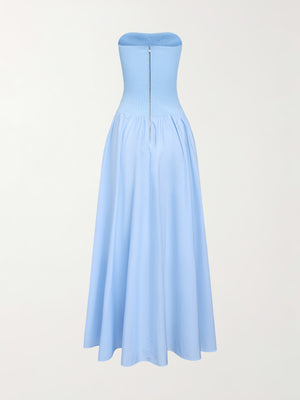 Back view of the blue Ballina Strapless Dress A.B.C A BRAND COLLECTIVE with a polished zip closure.