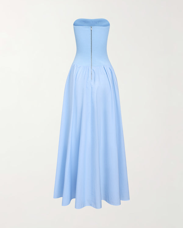 Back view of the blue Ballina Strapless Dress A.B.C A BRAND COLLECTIVE with a polished zip closure.