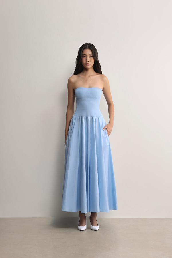 Step out in elegance with the blue Ballina Strapless Dress outfit from A.B.C A BRAND COLLECTIVE.