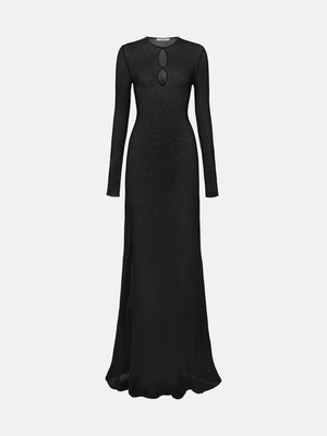 Sophisticated black A.B.C A BRAND COLLECTIVE gown with distinctive keyhole styling and comfortable long sleeves for events