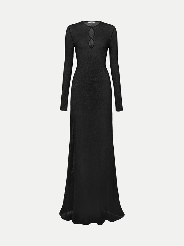 Sophisticated black A.B.C A BRAND COLLECTIVE gown with distinctive keyhole styling and comfortable long sleeves for events