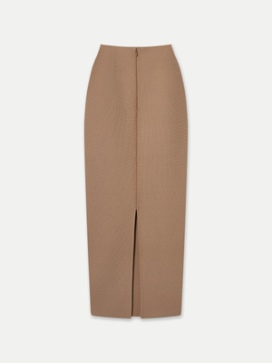 Fawkner Milano Knit Pencil Skirt in Beige back view with vent slit A.B.C A BRAND COLLECTIVE structured silhouette