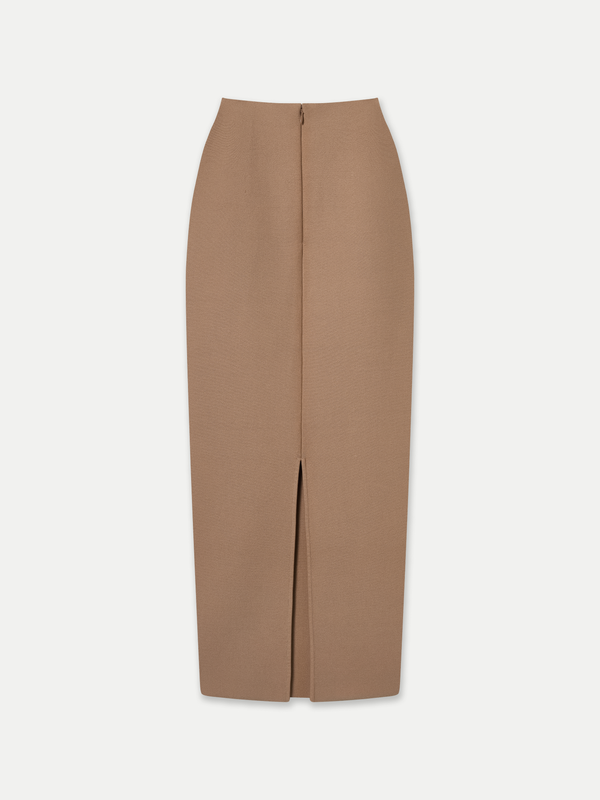 Fawkner Milano Knit Pencil Skirt in Beige back view with vent slit A.B.C A BRAND COLLECTIVE structured silhouette