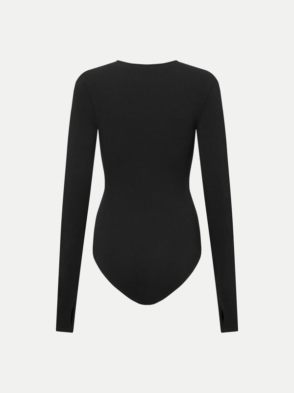 Polished A.B.C A BRAND COLLECTIVE black long sleeve bodysuit crafted with climate positive fibers for a sleek second skin fit