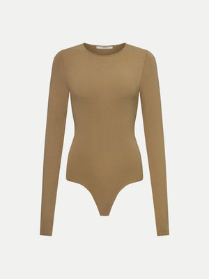 Brown Alma crew neck bodysuit by A.B.C A BRAND COLLECTIVE, fitted shape with long sleeves that sits clean and works well for layering.