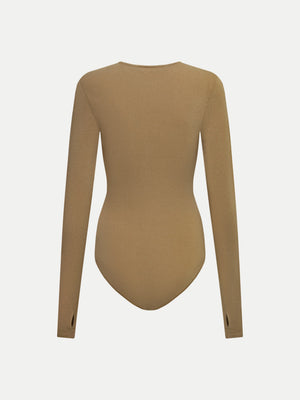 Rear view of tan A.B.C A BRAND COLLECTIVE bodysuit showing the sleek silhouette and breathable Good Earth Cotton blend