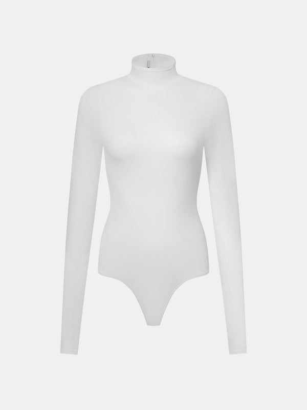 Fawkner High Neck Long Sleeves Bodysuit in ivory front flat view A.B.C A BRAND COLLECTIVE durable viscose nylon blend