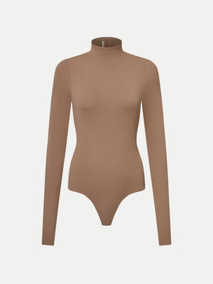 Fawkner High Neck Long Sleeves Bodysuit in mocha front flat view A.B.C A BRAND COLLECTIVE sleek tailored fit
