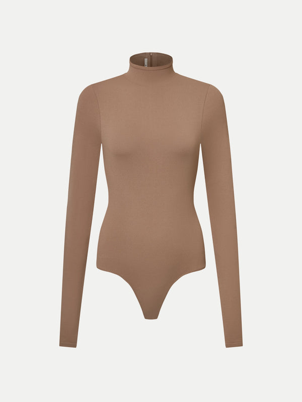Fawkner High Neck Long Sleeves Bodysuit in mocha front flat view A.B.C A BRAND COLLECTIVE sleek tailored fit