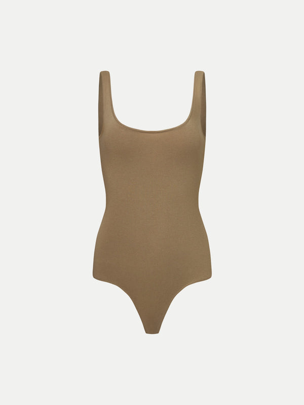 Beige Alma Scooped Neck Bodysuit A.B.C A BRAND COLLECTIVE with a breathable cotton texture.