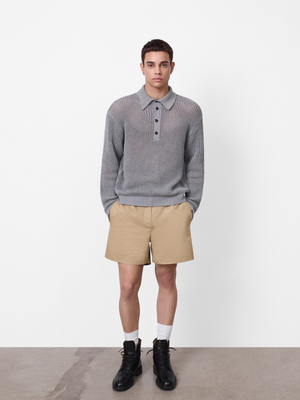 Textured ribbed cuffs and hem on a comfortable grey marle long sleeve premium polo from A.B.C A BRAND COLLECTIVE