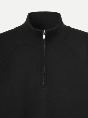 Close-up zip on black Glenorchy polo by A.B.C A BRAND COLLECTIVE, precise finish with a clean neckline and soft inner layer.