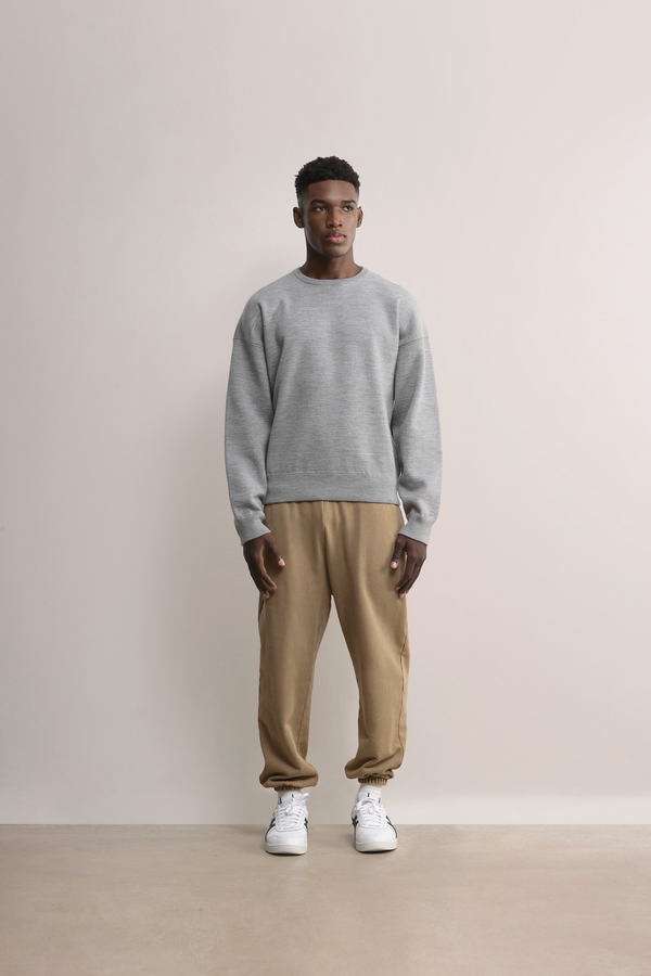 Model styling the Grey Glenorchy Double Face Knit Sweater A.B.C A BRAND COLLECTIVE